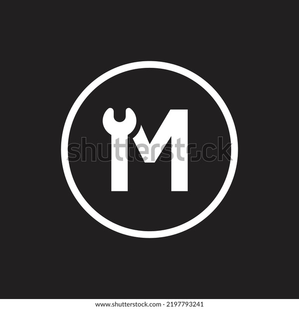 Letter M wrench tool logo design, service\
icon illustration
