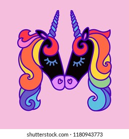 Letter "M" written by unicorns. Letter in the style of the unicorn. Fairytale font. Black unicorn with a multicolored mane. Trend print on a T-shirt. Logo "M". Isolated on a pink background.