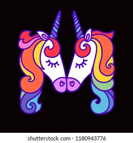 Letter "M" written by unicorns. Letter in the style of the unicorn. Fairytale font. White unicorn with a multicolored mane. Trend print on a T-shirt. Logo "M". Isolated on a black background.