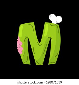 Letter M zombie font. Monster alphabet. Bones and brains lettering. Green Terrible ABC sign
