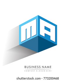 Letter MA logo in hexagon shape and blue background, cube logo with letter design for company identity.

