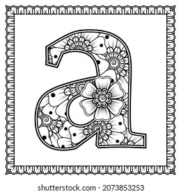 Letter A made of flowers in mehndi style. coloring book page. outline hand-draw vector illustration.