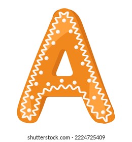 Letter A made from glazed gingerbread. Festive font, symbol of Happy New Year and Christmas, sign and letters of different shapes. Vector flat illustration