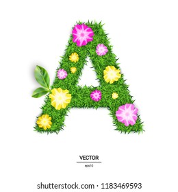 The Letter A Made of Green Grass and Flowers Texture. 3d Vector Illustration Isolated on White Background