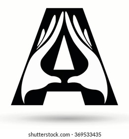 Letter A made from hands. Hand drawn painted .Black and white alphabet font. ABC design concept .Vector calligraphy illustration. For scrap booking, posters, textiles .Isolated on white background.