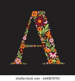 Letter A made with retro flowers. Vector image. Orange, pink, burgundy & green floral letter.