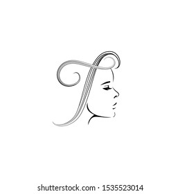 Letter I made of strand of hair composing a curly hairstyle.Alphabet, initial.