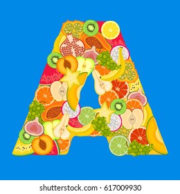 Letter - A made of tropical fruits on a blue background.