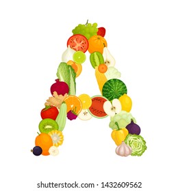 Letter A made from vegetables and fruits. Vector illustration in cartoon style. Template on the theme of healthy eating. Food laid out in the shape of a letter.