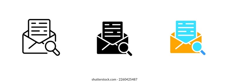 Letter with magnifier. Envelope, message, mail, send, communication, magnifying glass, resume, cv, research. Vector set icon in line, black and colorful styles isolated on white background