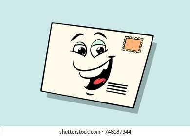 letter mail envelope cute smiley face character. Comic book cartoon pop art illustration retro vector