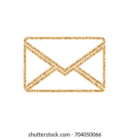 Letter of mail icon with glitter effect, isolated on white background. Outline icon of paper envelope, vector pictogram. Symbol from golden particles dust.