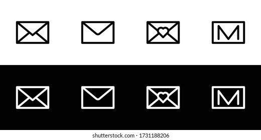 Buchstaben oder E-Mail-Symbol gesetzt. Eine flache Symbolsammlung, die auf schwarz-weißem Hintergrund isoliert ist.