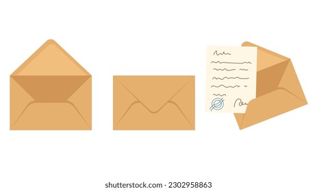 Papel de correo de carta cerrando el conjunto aislado de simulación de sobre abierto. Ilustración del elemento de diseño gráfico del vector