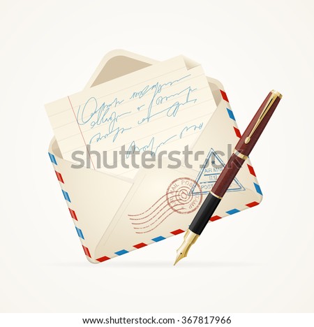 Letter Mail and Pen. Open Envelope. Vector illustration