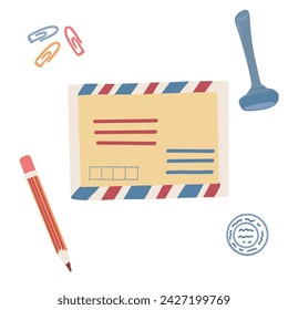 Letter mail pencil stamp postal set flat design
