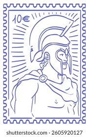 Letter mail stamp or sticker print, wall art vector travel postcard, summer Greece engraving placard or poster. Retro frame or border element design with Greek warrior. Perfect for interior design.