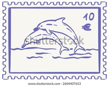 Letter mail stamp or sticker print, wall art vector travel postcard, summer marine engraving placard or poster. Retro frame or border element design with dolphin. Perfect for interior design.