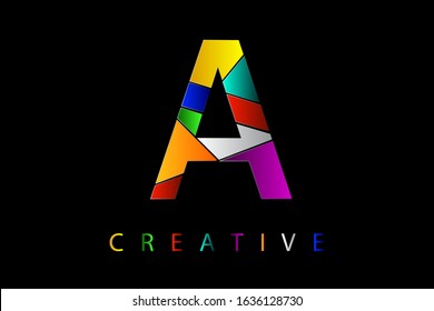 A letter in many colors with broken glass effect. Shattered letter with falling pieces vector illustration for logo, monogram, label, cover, emblem, company name, glass business, firm sign or web page