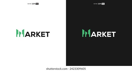 letra tipografía del logotipo MARKET.La silueta del rascacielos forma la letra "M", que refleja el crecimiento de las actividades comerciales y las actividades comerciales en el mercado.