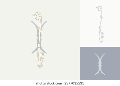 I letter marriage monograms for bride and groom names. Wide and Narrow capitals. Initials with thin swirled lines and lush foliage patterns. Perfect for wedding, anniversary, birthday invitation.