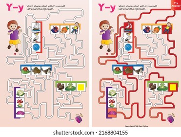 Letter maze for kids. Y labyrinth. Maze with objects