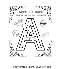 Letter A Maze With Unicorn And Rainbow