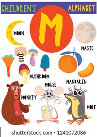 Letra M.Cute alfabeto infantil con animales adorables y otras cosas. Afiche para niños que aprenden vocabulario inglés.Dibujo vectorial de dibujos animados.