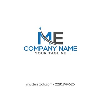 Letter ME with plane and airline unique logo design. Tourism, travel, airways identity and flight company creative vector icon.