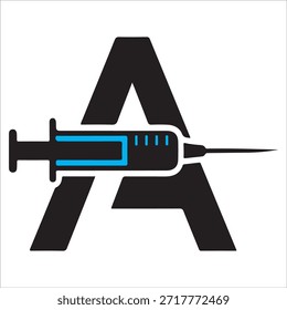 Una letra de diseño de logotipo médico. Logotipo de Vector médico con jeringuilla y Plus en color negro y azul.