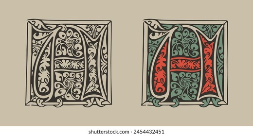 A letter medieval Gothic initial illuminated by foliage ornament. Engraved German drop cap. Dark age hand painted emblem. Classic Latin alphabet font based on XV century embellishment manuscript.