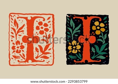 I letter medieval grunge gothic initial. 16th century engraved drop cap. Blackletter style vintage font. Middle Ages capital alphabet with floral ornament. Vector square shaped illuminated calligraphy