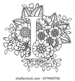 Letter I with Mehndi flower. decorative ornament in ethnic oriental style. coloring book page. 