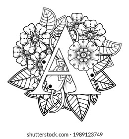 Letter A with Mehndi flower. decorative ornament in ethnic oriental style. coloring book page. 