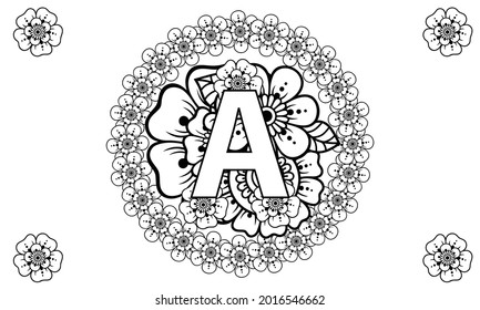 Letter A With Mehndi Flower. Decorative Ornament In Ethnic Oriental Style. Coloring Book Page.