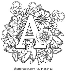 Letter A with Mehndi flower. decorative ornament in ethnic oriental style. coloring book page. 