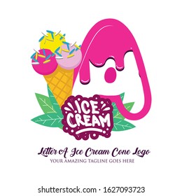 Letter A Melting Ice Cream Balls in the Waffle Cone Isolated on White Background. Vector Flat Modern Style. Colorful Logo in Cartoon Style Illustration for Ice Cream Shop Café and Restaurant