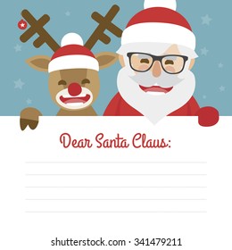 Letter merry christmas illustration of santa claus and red nosed reindeer on blue background. dear santa claus