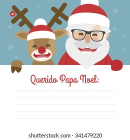 Letter merry christmas illustration of santa claus and red nosed reindeer on blue background. dear santa claus written in Spanish