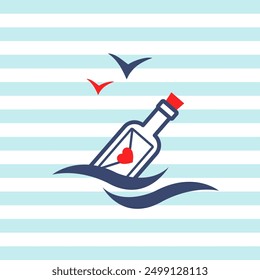 Letra, mensaje, icono de botella en textura de rayas azul marino