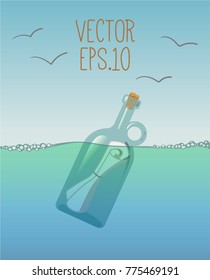 a letter, a message in a bottle. wave. sea or ocean. Sky with sky with seagulls. illustration. bottle in water