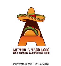 Letter A Mexican Meat Taco Dishes with Sombrero Hat Vector Logo Design Illustration Food on White Background for Restaurant and Cafe. Initial Typography Logotype Template