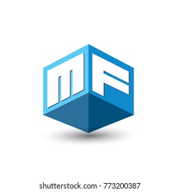 Letter MF logo in hexagon shape and blue background, cube logo with letter design for company identity.
