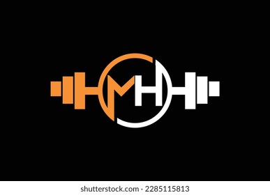 Letter M,H, HM OR MH Logo With barbell. Fitness Gym logo Vector.