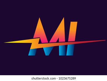 Letter MI logo with Lightning icon, letter combination Power Energy Logo design for Creative Power ideas, web, business and company.