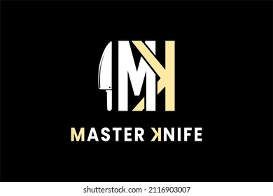 Letter MK or KM Identity Logo With Knife Icon Design Inspiration
