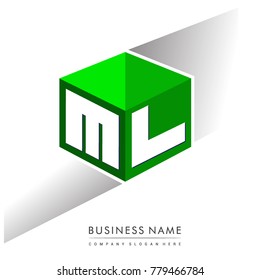 Letter ML logo in hexagon shape and green background, cube logo with letter design for company identity.
