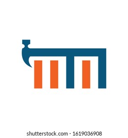 Letter MM with with hammer renovation, building services, repair, construction logo design template. Blue and Orange color icon. Isolated on white background. Vector illustration in eps 10.