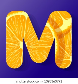 Letter M,made of orange fruit slices, isolated on a dark blue background, vector illustration