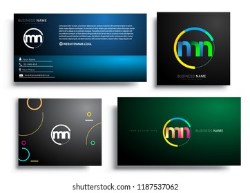 Letter MN logotype with colorful circle, letter combination logo design with ring, sets of business card for company identity, creative industry, web, isolated on white background.
